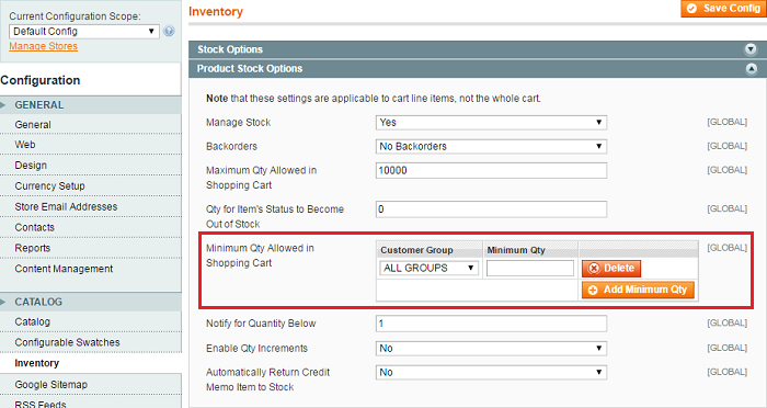 magento configuration catalog invertory