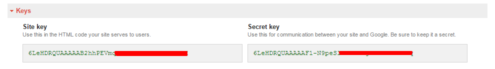 Secret key and site key of captcha