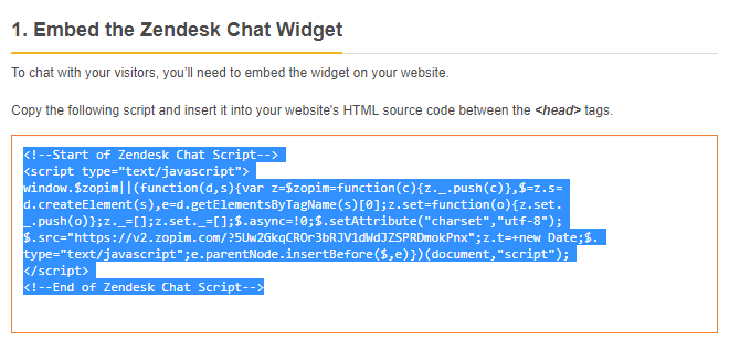 copy the zopim chat code