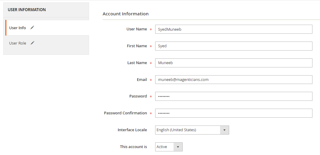 account information section magento 2