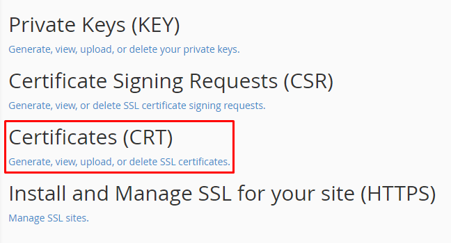 click on certificates CRT shared hosting