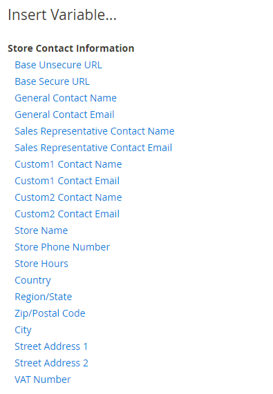 variable list magento 2 email templates
